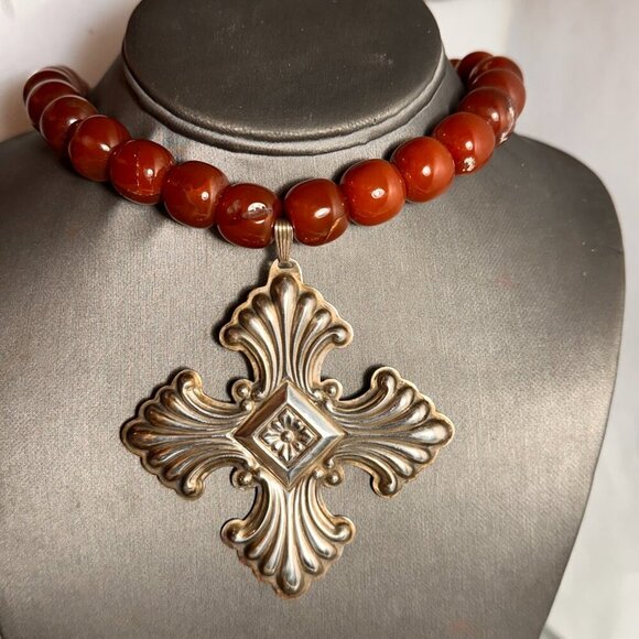 Maltese Cross Sterling Silver Carnelian Choker Necklace 925 Victorian Gift - Picture 6 of 8